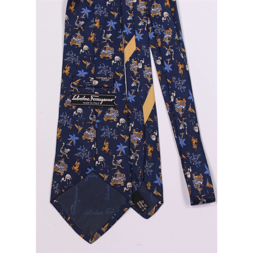 Salvatore Ferragamo Blue Safari Flamingo Monkeys Silk Necktie Tie - Picture 4 of 7
